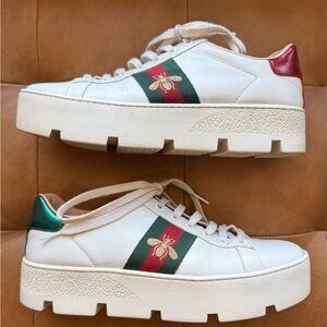 Gucci Ace White Calfskin Web Bee Platform Sneakers